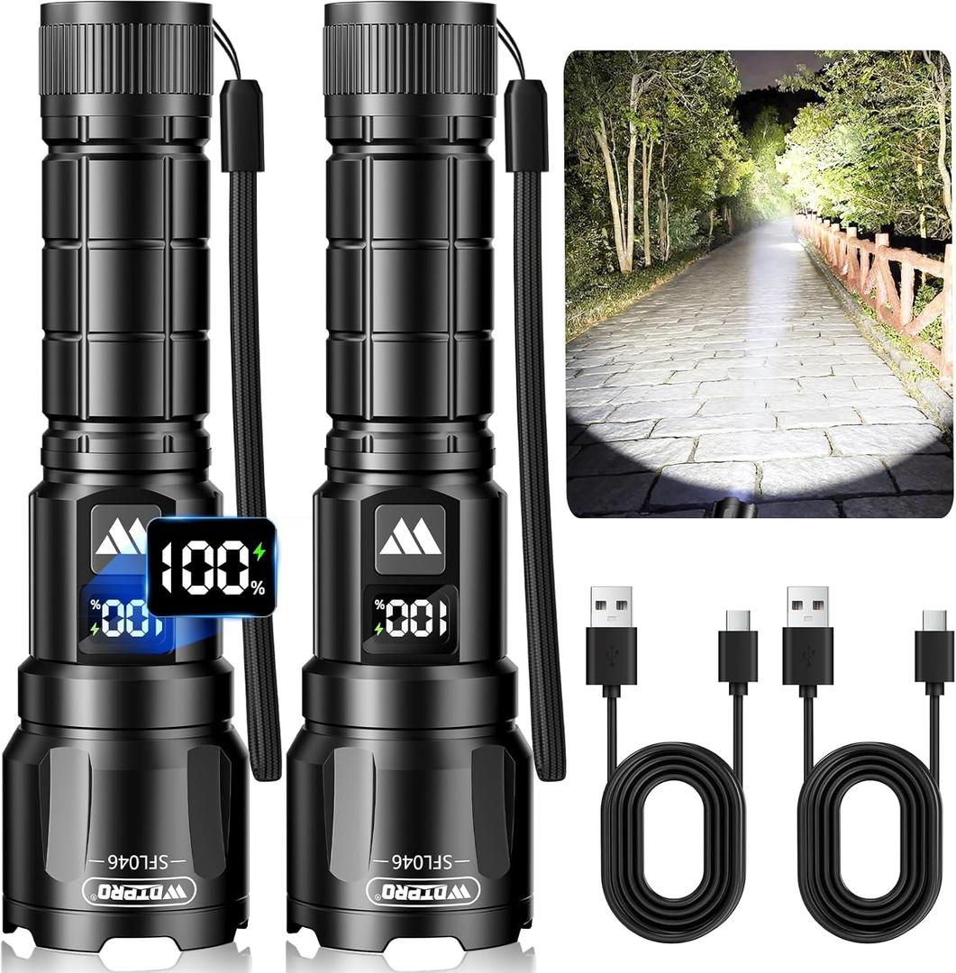Wdtpro LED Rechargeable Flashlight 2Pack, 3Modes Super Bright High Lumens Flashlights, Zoomable Tactical Flashlight with LCD Display, IP65 Waterproof Flashlights for Home Emergency Camping & Gifts Men (Black)