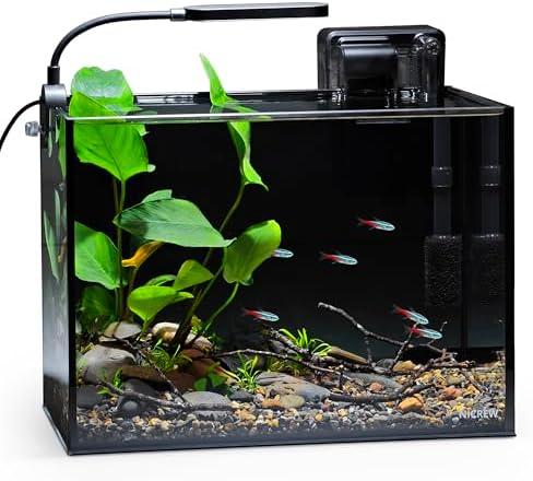 NICREW 2.5 Gallon Nano Nature Aquarium Kit, Ultra-Clear Rimless Desktop Fish Tank with Light, Filter, Gravel and Rock, Perfect for Small Fish, Shrimp, or Betta, Complete Version, Black