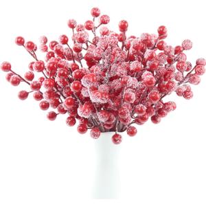 Feitore 30 Pack Snow Frosted Red Berry Stems 8.9" Holly Frosted Berry Picks Snowy Artificial Red Berries for Christmas Tree Filler Picks and Sprays Holiday DIY Crafts Christmas Decor