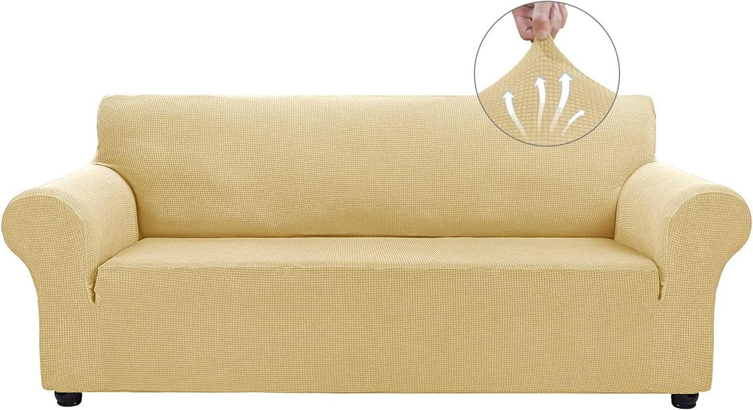 Asnomy Couch Covers for 3 Cushion Couch Stretch Sofa Covers Slipcovers, Pet Protector Furniture Covers for Dogs Cats Spandex Jacquard Fabric Small Checks LargeChampagne