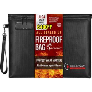 ROLOWAY Fireproof Document Bag (14.5 x 11.5 inch), 6400 Fireproof Money Bag with Zipper for Cash, Fire Safe Money Pouch with Lock (Black)