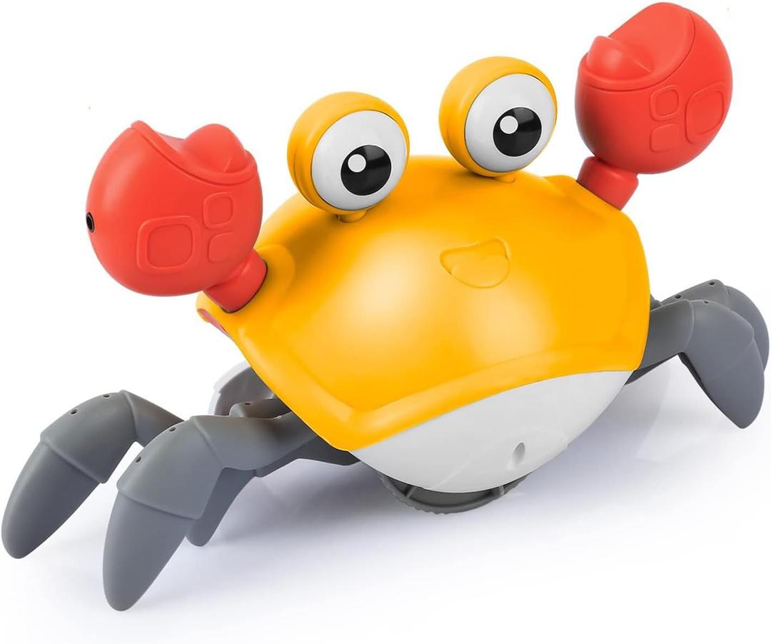 Crawling Crab Baby Toys Upgrade Version - 3 Speed & Music Control, Cute Dancing Essentials Electric Induction Sensory Stuff Moving Toy for 3 4 5 6 7 8 9 10 11 12 Year Old Boys or Girls (Orange)