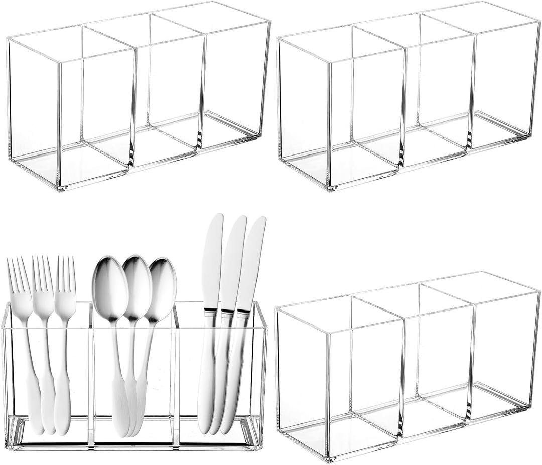 4 Pack Acrylic Cutlery Storage Organizer, Plastic Cutlery Utensil Holder Storage Organizer Caddy for Kitchen Countertop Organization - Holds Fork, Knife, Spoon, Silverware Tableware Storage Box