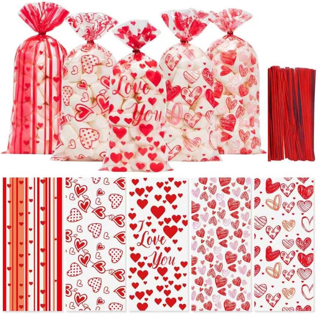 100 Pcs Valentine Treat Bags - Red Heart Cellophane Goodie Bags, Clear Plastic Happy Valentine's Day Cello Candy Gift Bag With Twist Ties for Wedding Anniversary Party Favors Supplies