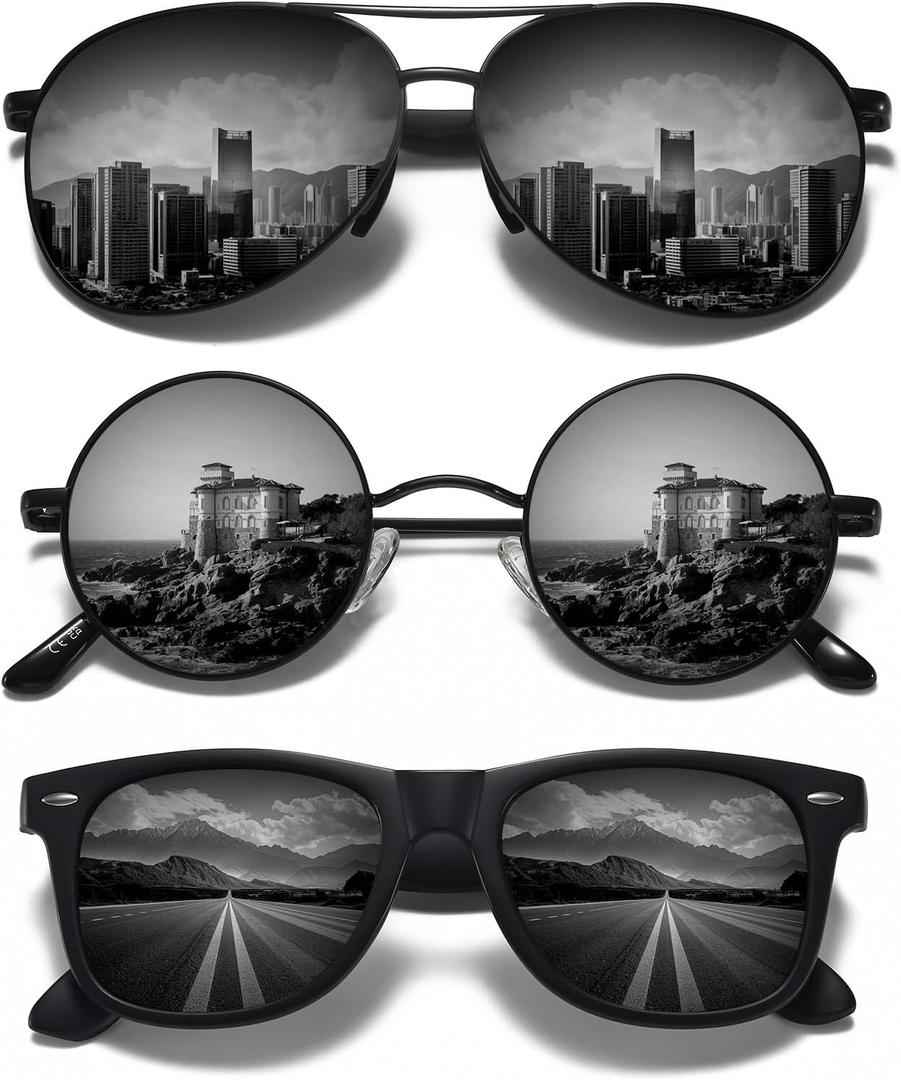3 Pack Sunglasses Set for Men Women - Retro Round, Aviator Metal, Classic Plastic Black Frames & Lenses,Polarized UV400 Protection for Driving Beach Daily Outdoor