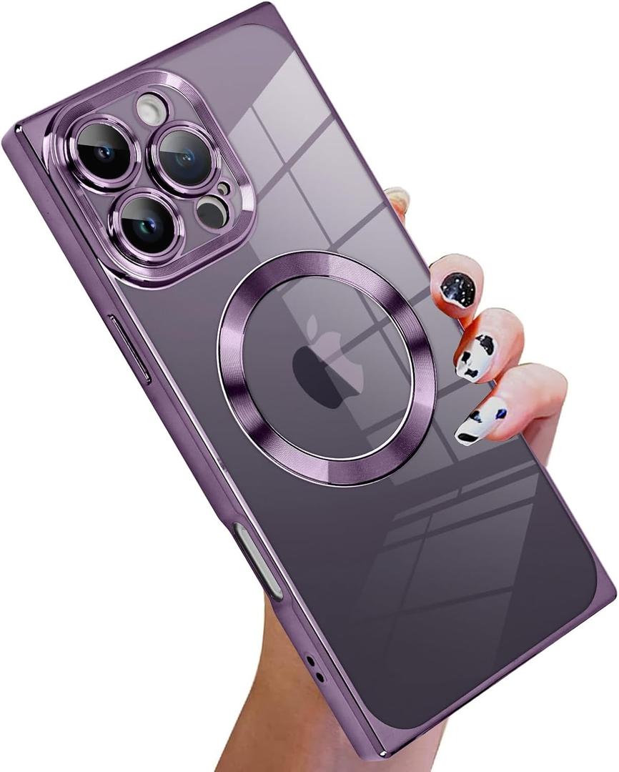 KANGHAR Case Designed for iPhone 16 Pro Max Magnetic Clear Case with Camera Lens Protector[Compatible with MagSafe] Luxury Cute Plating Design Full-Body Shockproof Protection Cover Darkpurple