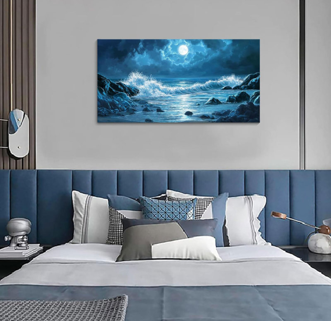 Blue Ocean Waves Landscape Wall Art, Beach Moon Sea Waves Night View Modern Canvas Wall Painting For Living Room Bedroom Office Bathroom Birthday Gift Home Decor 20X40 Inch