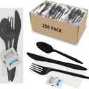 250Pack Plastic Cutlery Packets, Knife Fork Spoon Napkin Salt Pepper Sets, Individually Wrapped Black Plastic Cutlery Packets for Delivery, Cafeterias, Restaurants