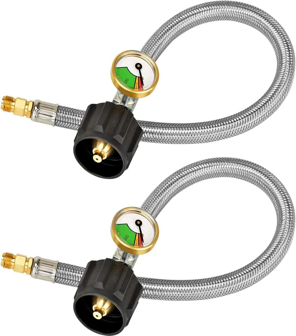 only fire 15 Inch RV Propane Hose with Gauge,Stainless Steel Propane Pigtail Connects Propane Cylinder to 2 Stage Propane Regulator or Appliance with 1/4 Inch Inverted Male Flare, 2-Pack