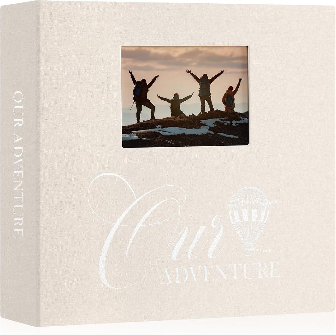 Lanpn Photo Album Scrapbook 12x12, OUR ADVENTURE Linen Cover Window Balloon Design Top Load 3 Ring Folder Binder Travel Photobook Photo Book 12 x 12 inch with 30 Plastic Sleeves 60 Pages Beige