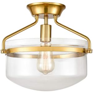 YUBOLE Mid-Century Ceiling Light Gold Semi Flush Mount Light Fixture with Clear Dome Glass Shade-13.4" Wide for Kitchen Hallway Bathroom Bedroom
