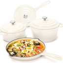 Hisencn Enameled Cast Iron Cookware Set - 7-Piece Ceramic Coated Cast Iron Cookware Set, Dutch Ovens, Sauce Pan, Skillet, 3 Lids, Heavy Duty Cookware, Gas/Induction Compatible, PFA Free, Cream White