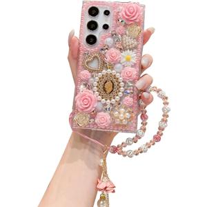 iFiLOVE for Samsung Galaxy S25/S24 Bling Diamond Case with Flower Strap, 3D Luxury Sparkle Glitter Crystal Rhinestone Pearl Love Rose Wristband Bracelet Case Cover for Girls Women Kids (Pink)