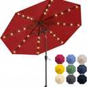 Patio Kingdom 10FT Solar Patio Umbrella with Lights, Outdoor Table Market Umbrella with 32 LED Lights, 8 Sturdy Ribs, Push Button Tilt and Crank for Pool, Deck and Garden, UV-Resistant, Red