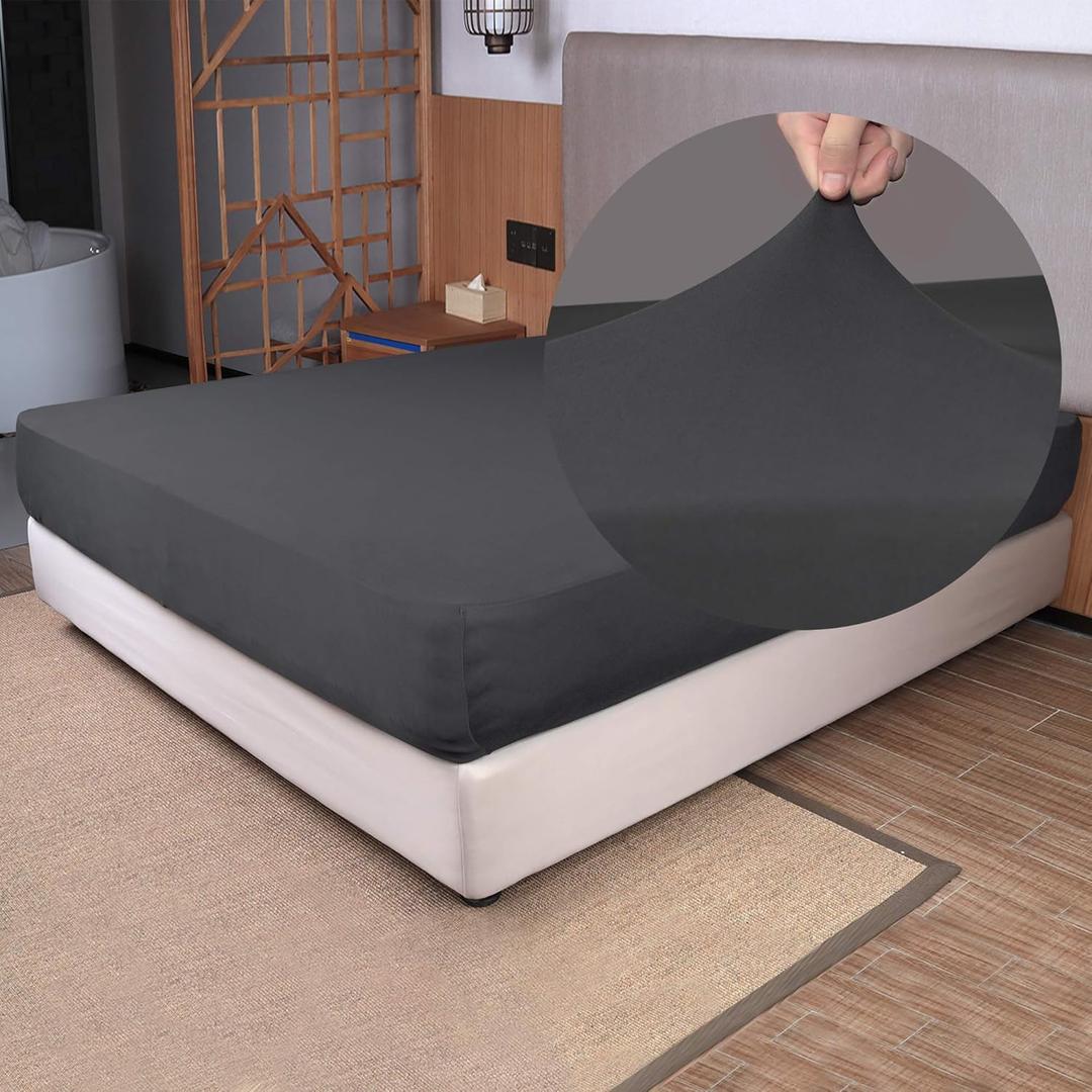 Stretch Twin Size Fitted Sheet Only - 4 Way Stretchy Jersey Knit, Snug Fit for Twin & XL Mattress(Standard/RV, Deep/Shallow), Non Slip, Cozy T-Shirt Soft & Comfortable - Dark Gray