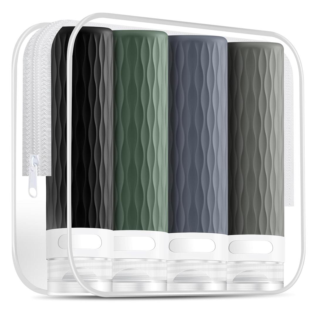 Travel Bottles for Toiletries, TSA Approved 3.4oz Travel Size Containers, BPA Free Leak Proof Silicone Traveling Bottles, Refillable Travel Essentials Kits for Shampoo Conditioner(4 Pack)-A