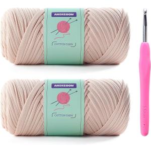 2 Skeins Tshirt Yarn for Crochet,Soft T Shirt Yarn for Crocheting Bag/Basket/Home Decor,Trapillo para Tejer a Crochet Bolsas with 1 Crochet Hook,Each Ribbon Yarn 7oz, 65yd