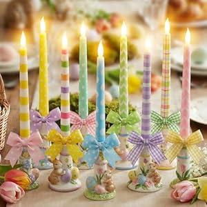 Lounsweer 10 Pcs Easter Flameless Taper Candles 10.8 Inch LED Candles Spring Bunny Flickering Flameless Striped Candlestick for Home Dinner Table Gifts Garden Party Decoration