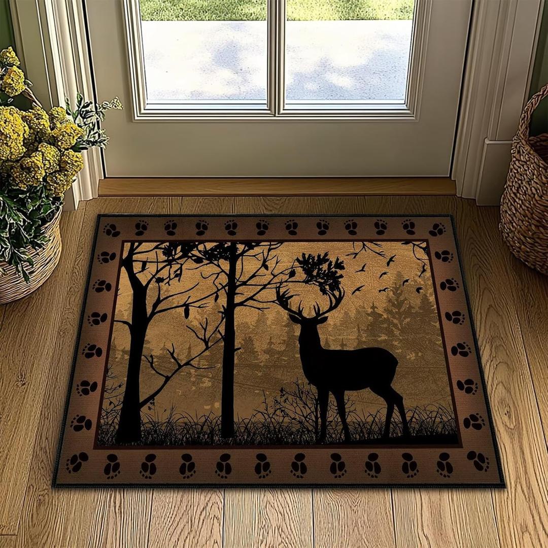 Brown Washable Entry Rug 2x3 Kitchen Rugs for Entryway Bathroom Ulta-Thin Non-Slip Low Pile Indoor Entrance Door Mat,Deer Country Cabin Wildlife Throw Rug Rustic Small Accent Area Rugs for Front Door