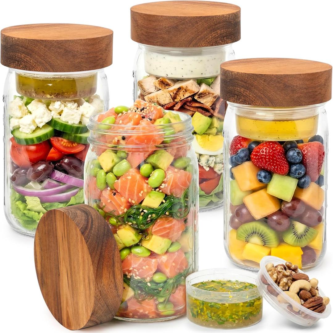 4 Pack Glass Salad Jars with Wooden Lids for Meal Prep, Leakproof Container with Two Small Built in Cups for Wet/Dry Separation for Salad Dressing and Ingredients, 32oz Mason Jars (Acacia)
