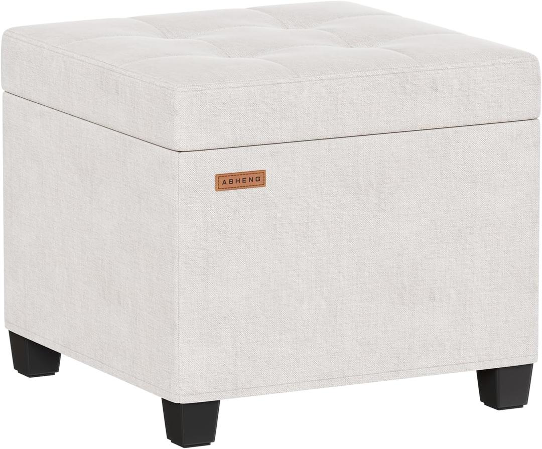ABHENG Chenille Cover Steel Frame Ottoman with 48L Storage,17.7" x 17.7" x 17.7" Square Linen Storage Ottoman Stool Cube with Legs,for Dorm Livingroom White UASND641W