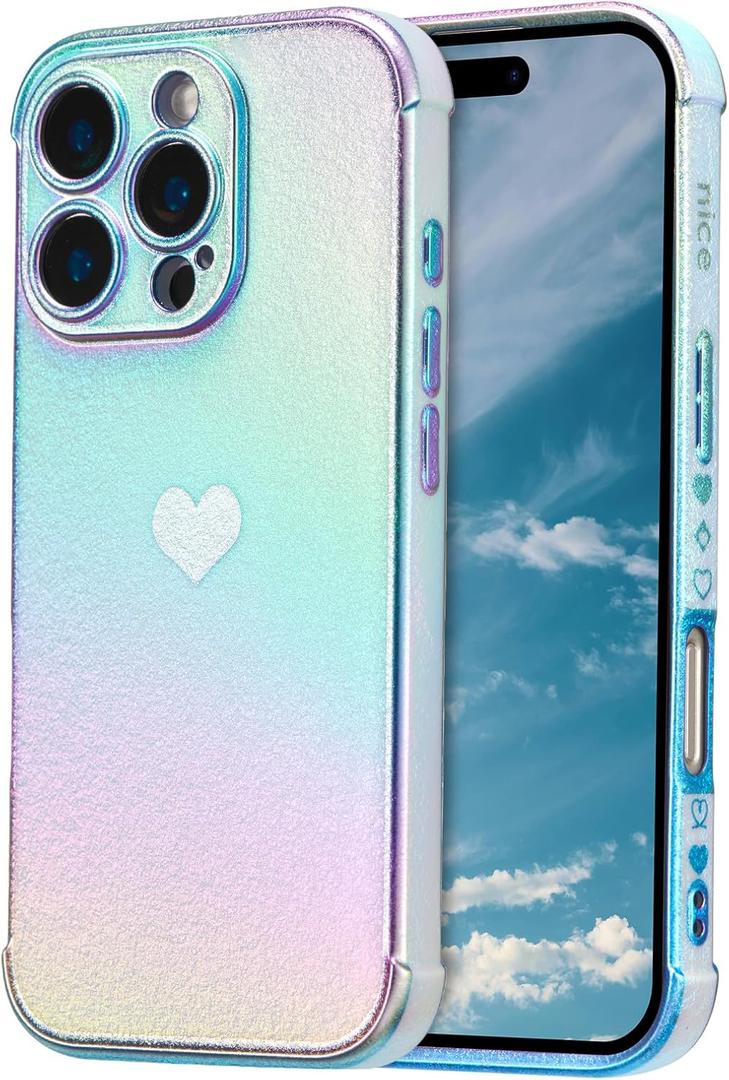 ZTOFERA for iPhone 16 Pro Max Case 6.9 inch,Cute Colorful Iridescent Plating Edge Case with Love Hearts Pattern,Camera Lens Protection Shockproof Phone Case for Women Girls,Iridescent Blue