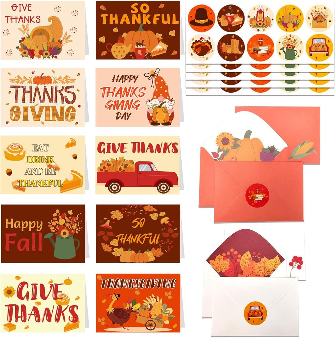Jengaer 50 Pack 4 x 6 Inch Thanksgiving Cards with Envelopes & Stickers Thanksgiving Greeting Cards Bulk 10 Designs Fall Cards with Envelopes,with Blank Message Inside