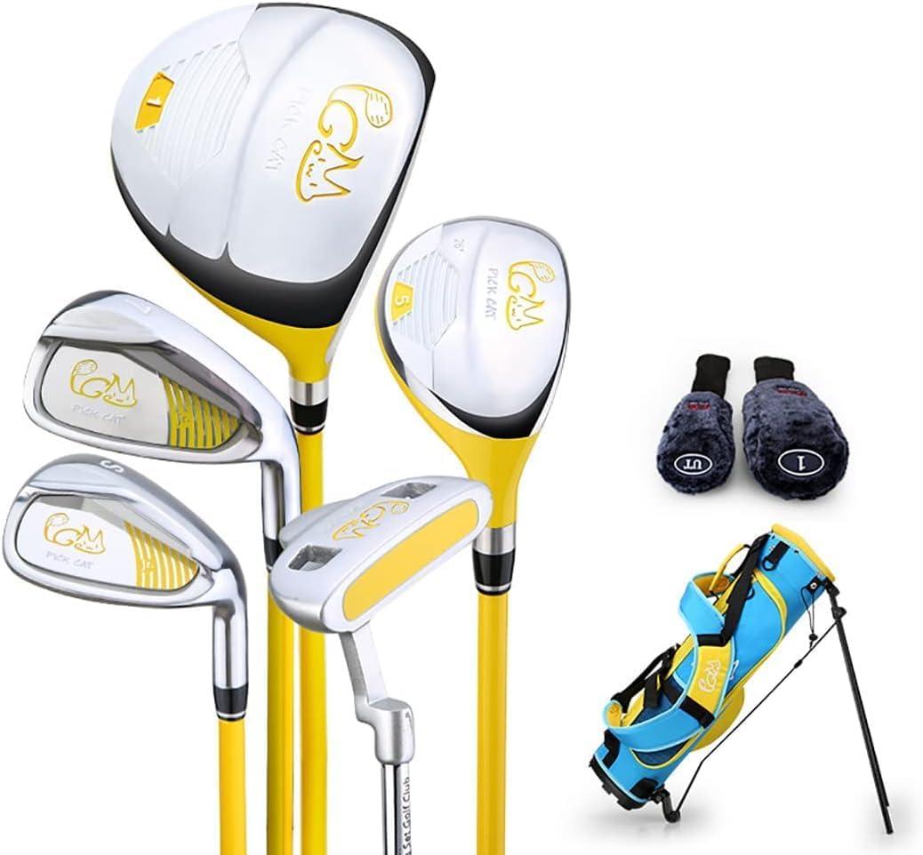 PGM Junior Golf Club Complete Set for Children Kids, 5 Golf Clubs with Stand Bag and 2 Headcovers for Boys & Girls, Right Hand, Aged 6-8