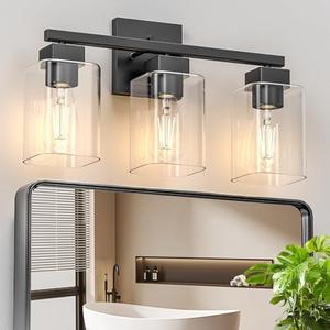 Espird Matte Black Bathroom Vanity Light, 3-Light Vanity Lighting fixtures Over Mirror, Square Design & UL Certification, Wall Sconces with Clear Glass Shades, E26 Socket (Bulbs Not Included)
