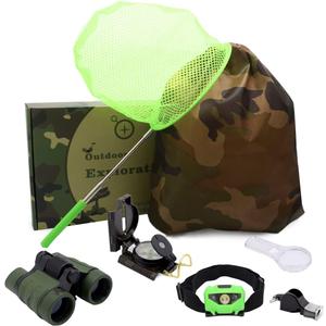 Kids Outdoor Adventure Set :Educational Childrens Toys Binoculars, LED Headlamp Flashlight, Compass, Magnifying Glass Whistle Butterfly Net & Backpack(Camo Color) for Boys
