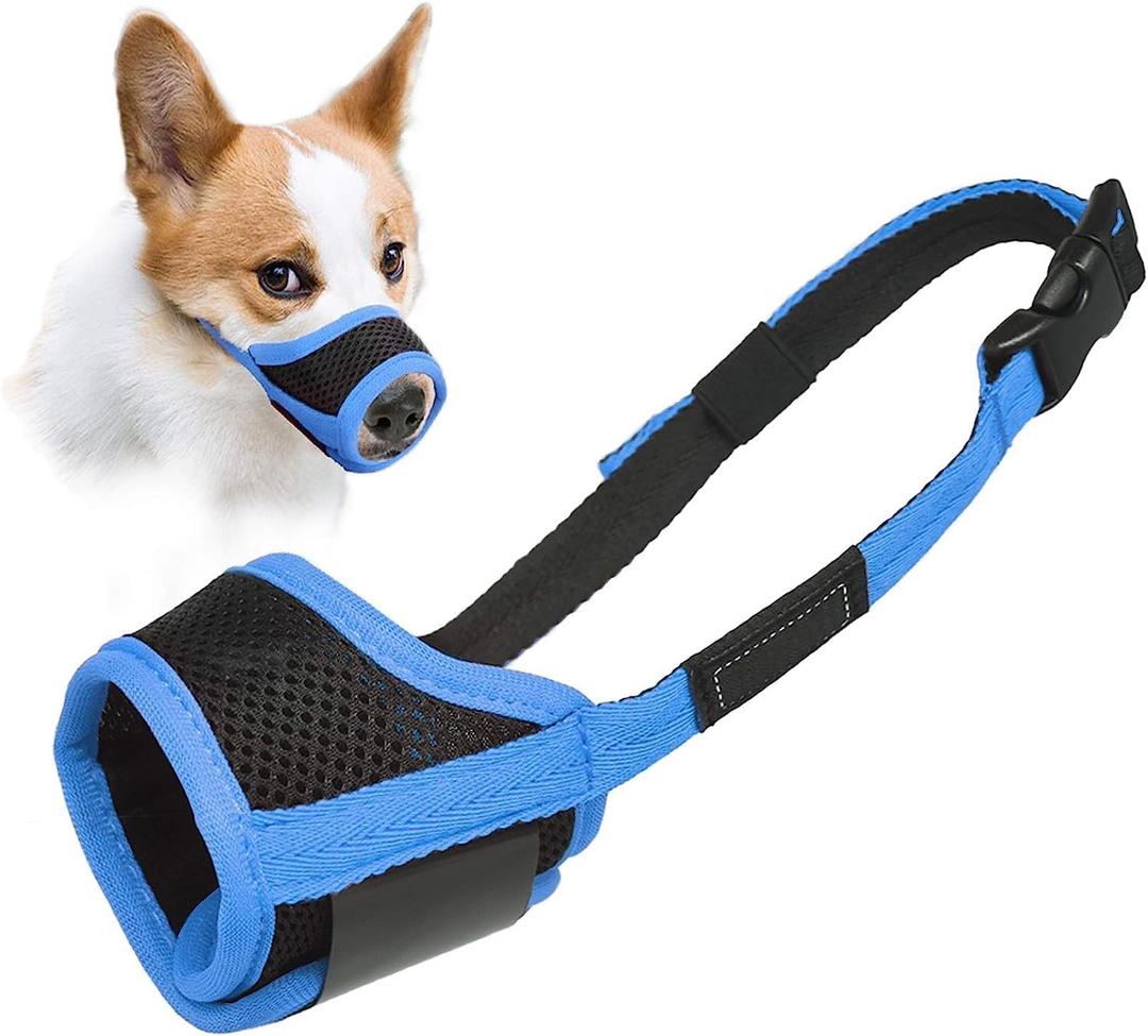 LUCKYPAW Dog Muzzle Anti Biting Barking and Chewing with Comfortable Mesh Soft Fabric and Adjustable Strap, Suitable for Small, Medium and Large Dogs(Blue Trim,XS) (XS-Snout(3-4"))