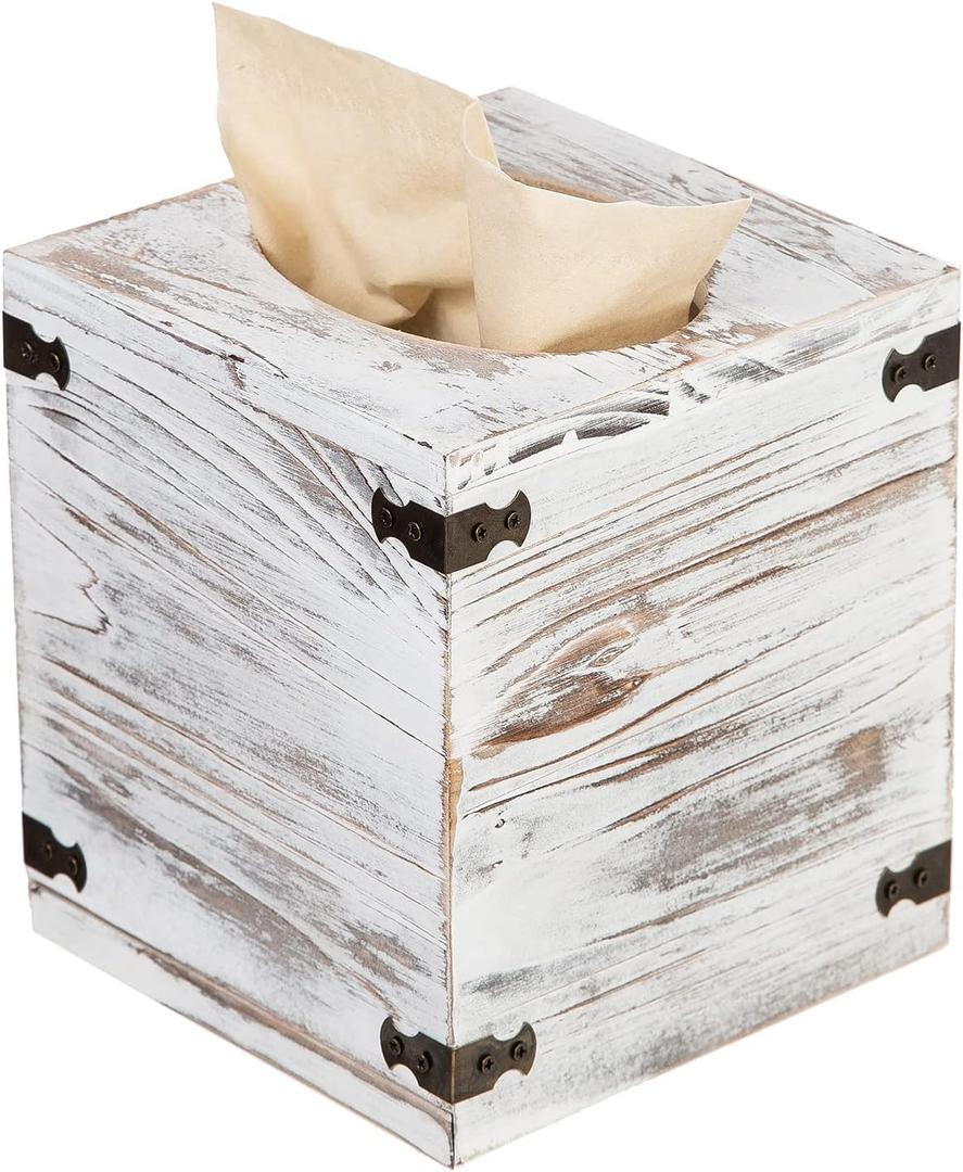 Distressed Farmhouse Square Solid Wood Tissue Box Cover with Slide-Out Bottom Panel Honey Brown Tissue Box Holder for Bathroom Living Room Dining Room Bedroom Toilet (Washed White)