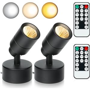 2 Pack LED Spotlights Indoor, 5W Plants Uplighting with Remote Control Dimmable & Timer, Uplights Indoor Floor Spot Lights for Picture, Artwork, Accent Stick on Wall Light with 5.9 FT Plug Cord (Black)
