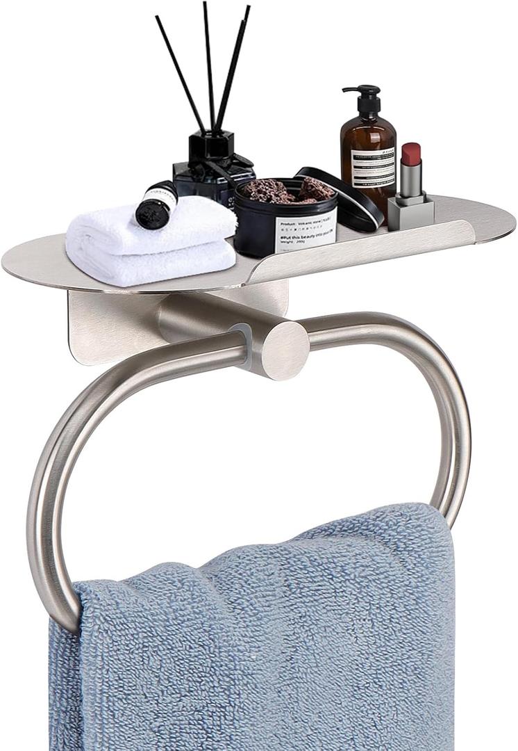Hand Towel Ring with Shelf, 304 Stainless Steel Hand Towel Holder, Heavy Duty Bath Accessories, Wall Mounted Towel Hanger for Bathroom Kitchen (Brushed Nickel) Hand Towel Ring with Shelf, 304 Stainless Steel Hand Towel Holder, Heavy Duty Bath Accessories, Wall Mounted Towel Hanger for Bathroom Kitchen (Brushed Nickel)