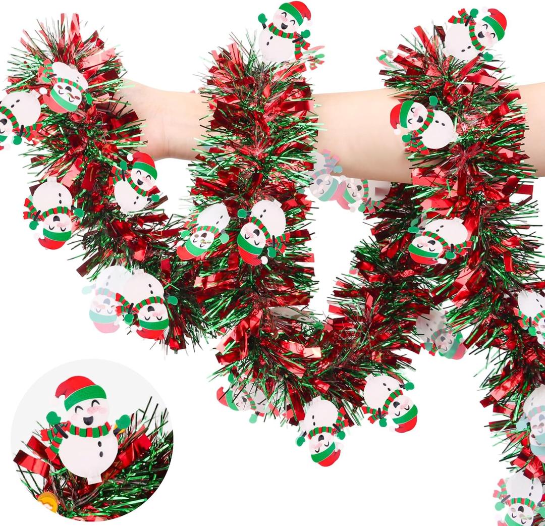 50 FT Christmas Tinsel Garland Christmas Decorations with Snowman Ornament, Red Green Shiny Metallic Twist Christmas Garland for Xmas Tree Home Mantle Stairs Indoor Outdoor Holiday Party Decor