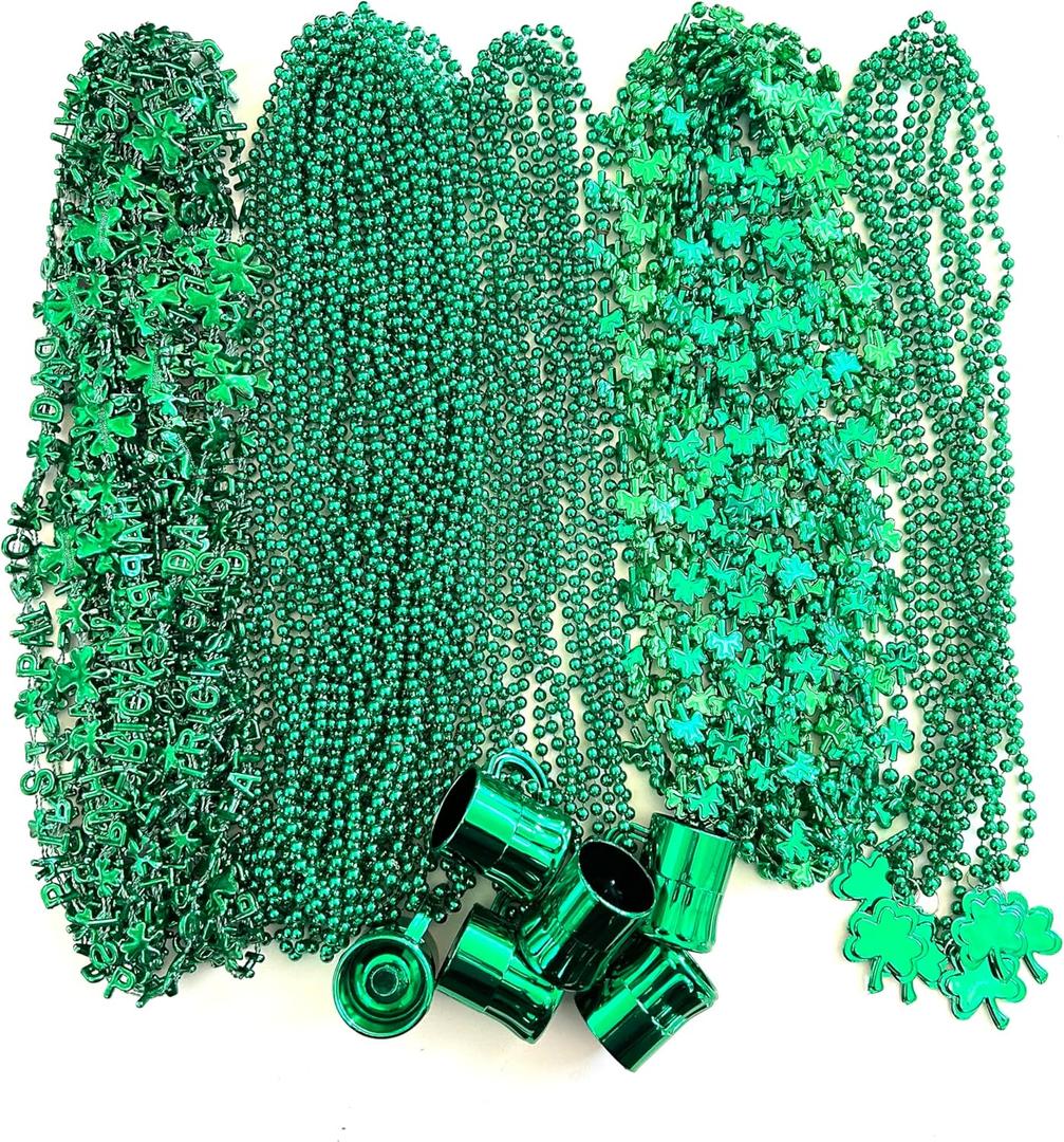 60 Pcs St Patrick's Day Shamrock Beads Necklaces Green Irish Day Parade Shot Glass Bead Necklaces Party Supplies