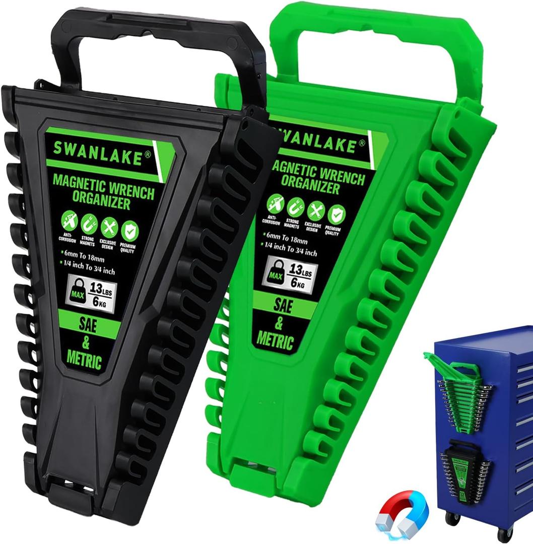 2-Piece Magnetic Wrench Organizer, Metric & SAE Portable Plastic Wrench Holder, 24-Slot Total, Foldable Carrying Handle for Wall-Mounted, Easy-Open Lock Cover, Wrenches Storage Rack Tool for Tool Box