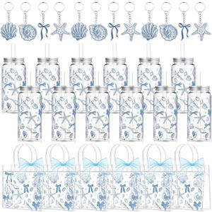 Remerry 12 Set Ocean Seashell Party Favors Ocean Theme Gift Bags Beach Party Decor Blue Bow Coastal Cups with Lid and Straw 13.5 oz Acrylic Keychains for Birthday Guest