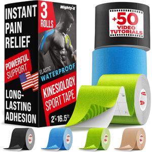 Waterproof Kinesiology Tape - 3 Rolls - Knee Support & Muscle Pain Relief - 16.4 ft Uncut Sports Kinetic Tape for Joint Stability - 50 Instructional Videos (Mixed)