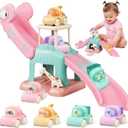 Dinosaur Car Ramp Slide Toy for Toddlers 4 Push Cars with Race Track, Baby Slide Indoor Toy, Montessori Learning Birthday Gift for Boys Girls 1 2 3 Year Old (Pink)