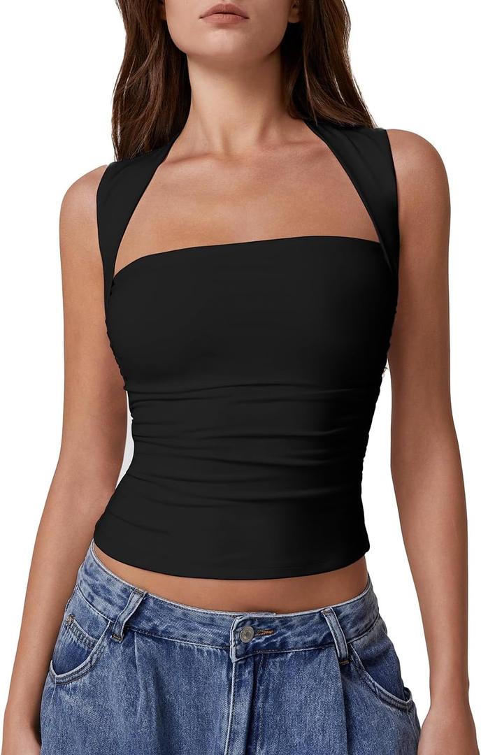 QINSEN Womens Square Neck Tank Tops Side Ruched Double Lined Slim Fit Summer Going Out Crop Top (Medium, Black)