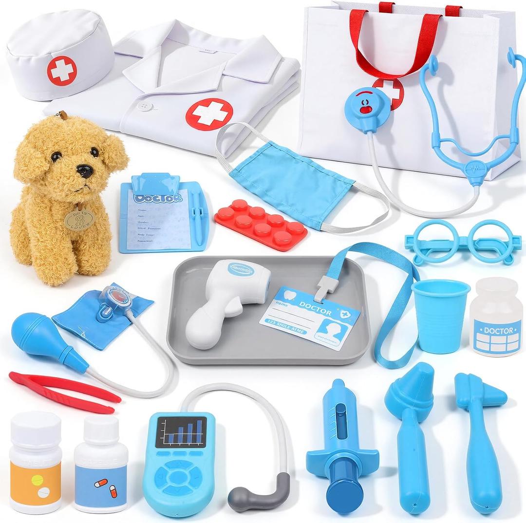 Doctor Kit for Toddlers 3-5 - Pretend Play Vet Set Toys for Boys Girls | Medical Kit with Dog, Bag, Costume, Stethoscope, Birthday Gifts for Kids, Child-size