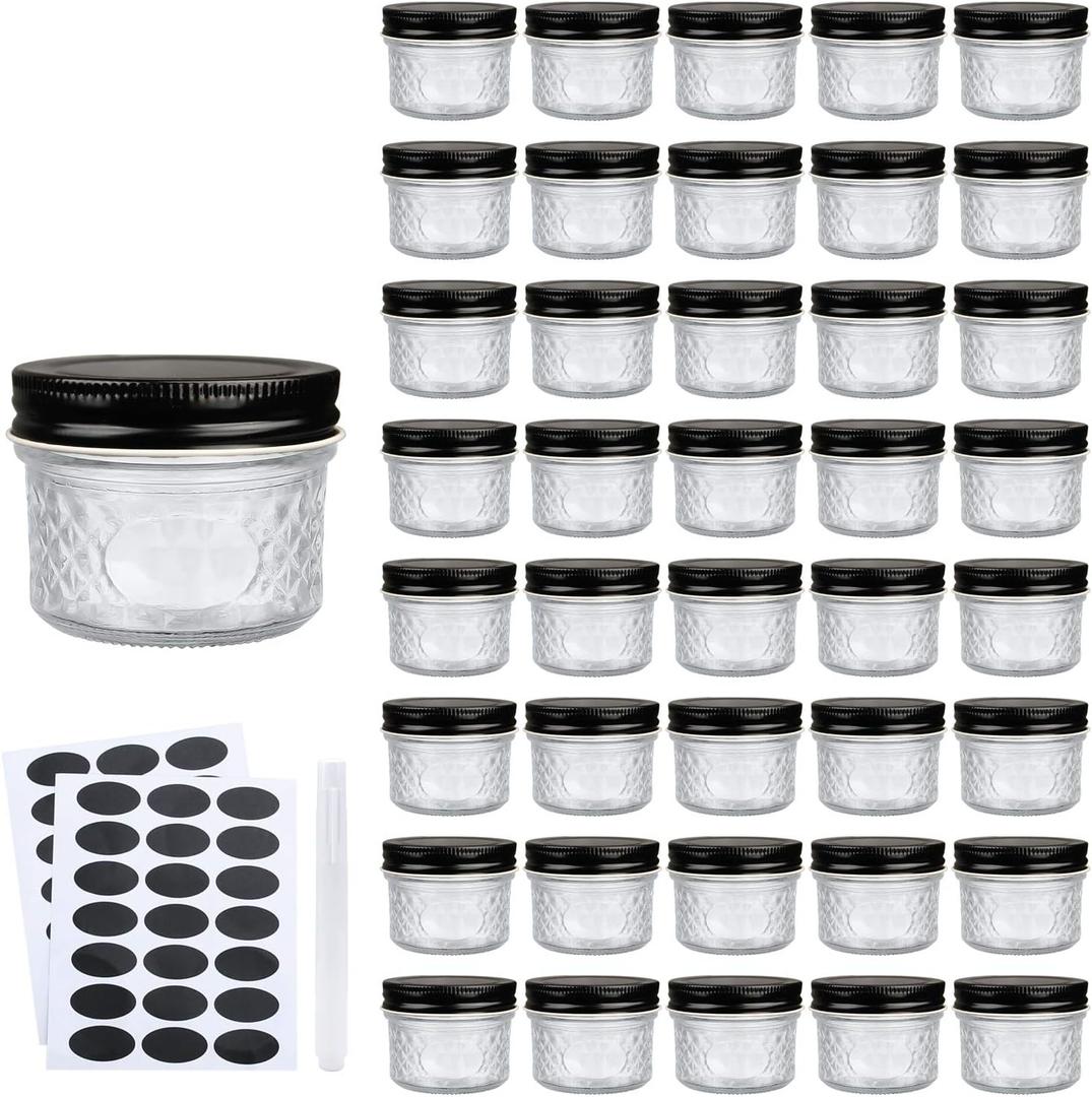 4 oz Glass Jars With LidsBlack,Small Clear Canning Jars For Caviar,Herb,Jelly,Jams,Mini Wide Mouth Mason Jars Spice Jars For Kitchen Storage Preserving Food And Party Favors 40 Pack