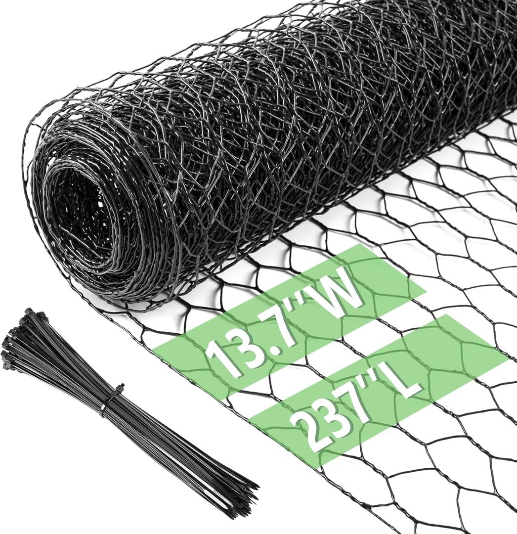Chicken Wire 13.7 in x 237 in Poultry Wire Netting Hexagonal Galvanized Mesh Garden Fence Barrier for Pet Rabbit Chicken Fencing with 100 Pcs Cable Zip Ties(PVC-Coated) (Black)