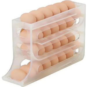 Automatic Rolling Egg Holder for Fridge, 4 Tier Egg Dispenser Organizer, Space Saving Refrigerator Egg Storage Container Holds 28 Eggs for Kitchen Pantry Countertop (75% Transparency)