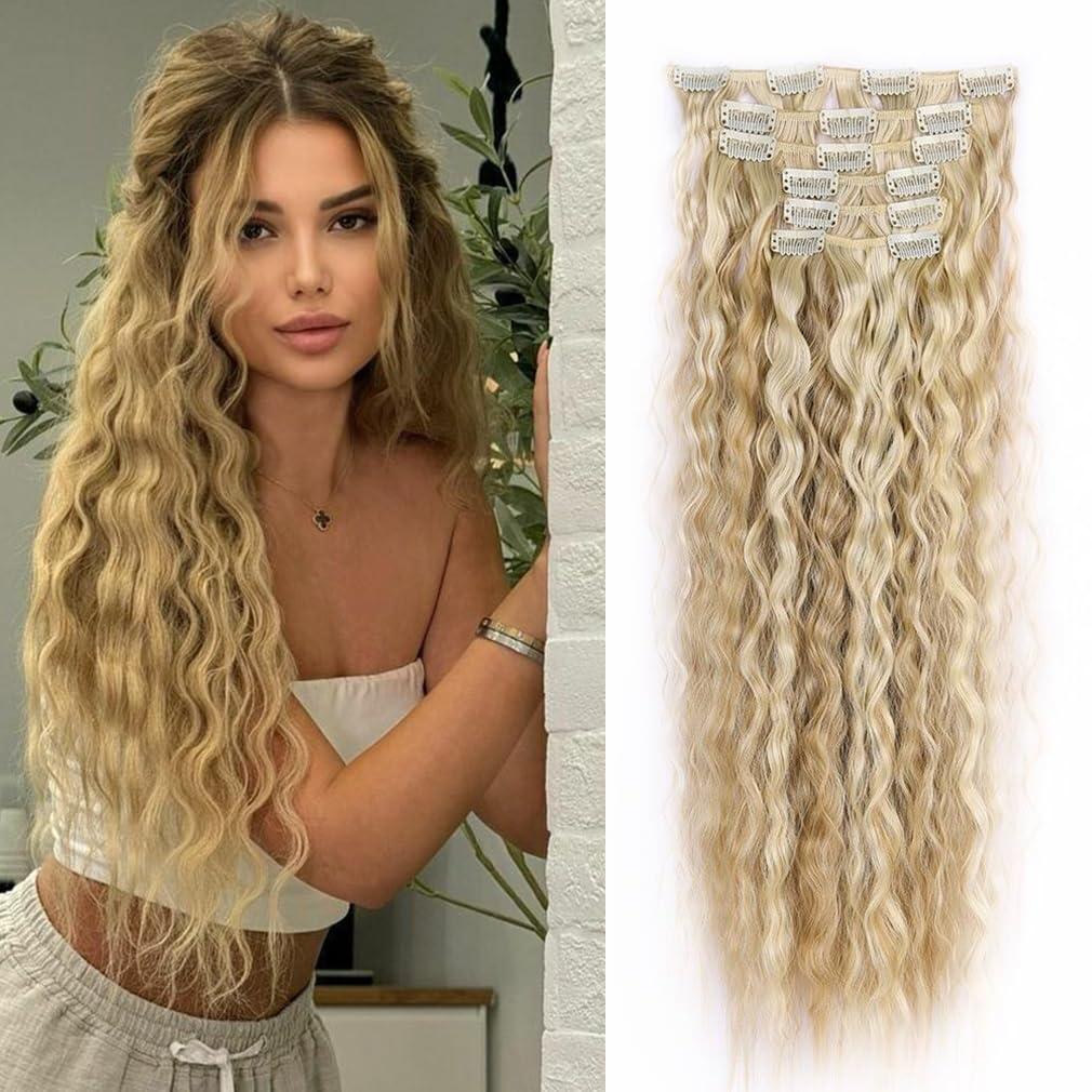 Clip in Hair Extensions, 6PCS Hair Extensions 22" Synthetic Long Curly Wavy Blonde Highlights hair extensions Natural Thick Deep Wave Hairpieces