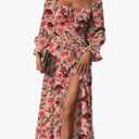 BLENCOT Womens Casual Square Neck Long Sleeve Boho Floral Midi Dress Print Side Split Dresses, L