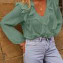 MEROKEETY Womens Spring Summer Long Sleeve Ruffle Blouse 2026 Dressy Casual Top V Neck Trendy Work Business Work Shirts (Green, S)