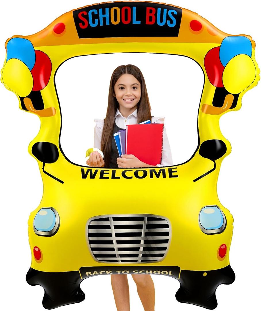 51 Inch Back to School Photo Frame School Bus Inflatable Photo Frame Bus Balloon Selfie Backdrop Inflatable Balloon Decorations for Party Supplies Classroom Decoration