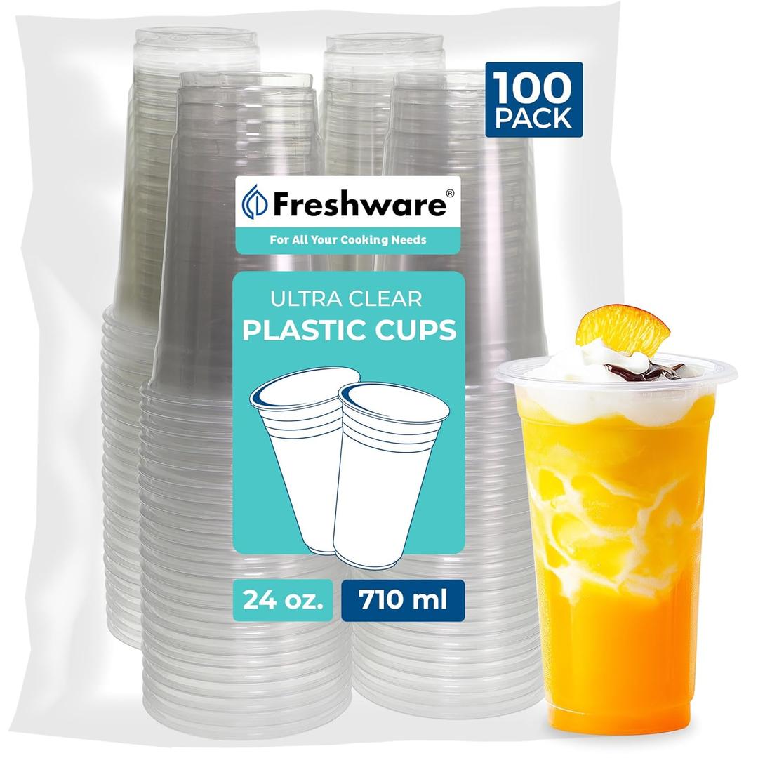Freshware Clear Plastic Cups [100 Pack - 24 oz] Disposable Cups for Iced Coffee, Smoothie, Milkshake, Cold Drinks